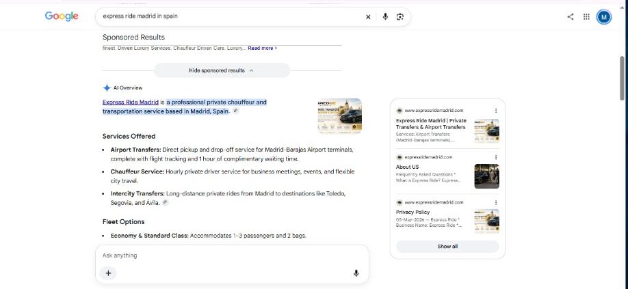 Original SEO evidence for Express Ride Madrid
